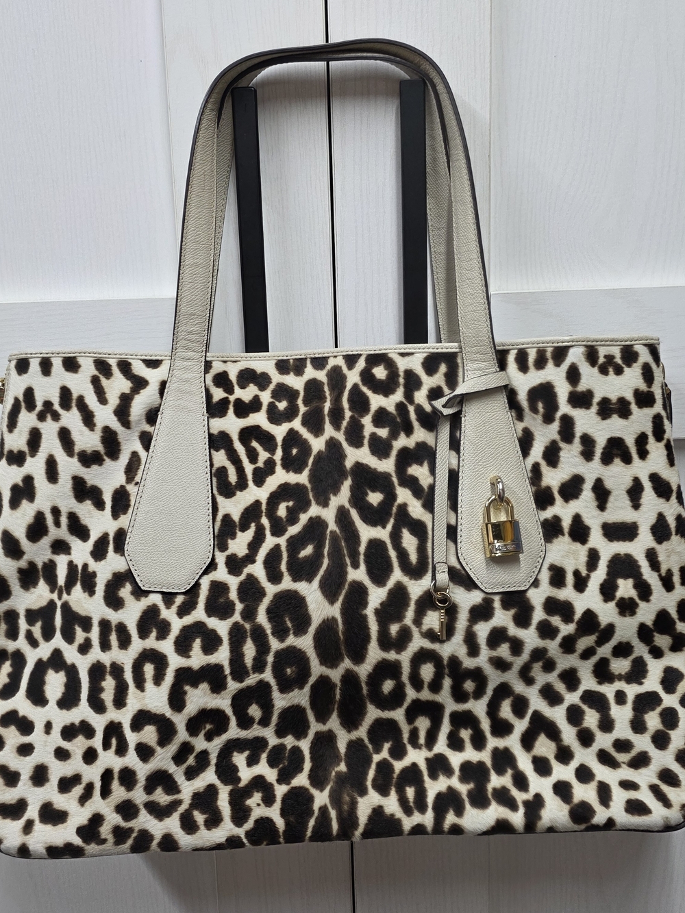 Henri Bendel Leopard Print Tote with Cream Leather Trim and Gold Hardware